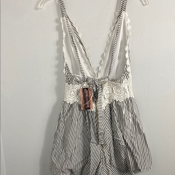 Sage Black and White Striped Lace Trim Romper - Picture 5 of 13